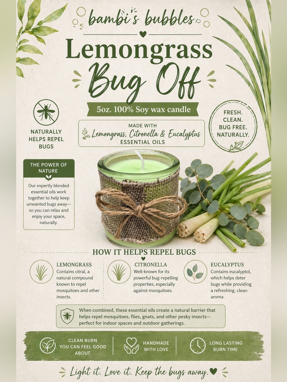 New! Lemongrass Hand Crafted Bug Off Soy Wax 5oz Candle